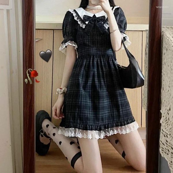 Partykleider Kawaii Bogen japanischer Lolita College -Stil Kurzarm Mini -Kleid Frauen schlächen Vintage Plaid Spitze Spitzel Spliching Sommer