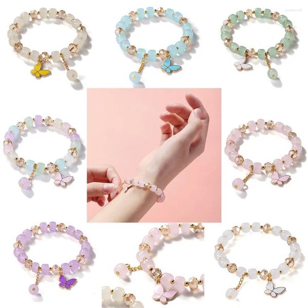 Strand Sweet Crystal Glass Breaded Bracelet for Women Fashion Ins Butterfly Pingente Tassel Chain Bangle Nicho Requintado Jóias Presentes