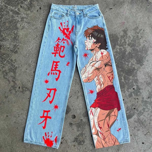 Jeans maschile harajuku anime grafico gamba larga jeans abbigliamento y2k maschile 2024 nuovi pantaloni pantaloni ad alta vita giapponese Q240509