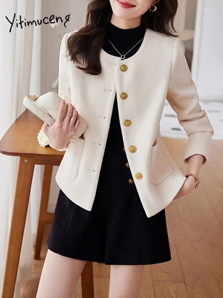 Jackets femininos YitimuCeng Jacket for Women Pocket Pocket Longa O-Gobes Classic Classic Soldled Solid Corean Style Fashion Casat elegante