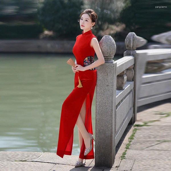 Ethnische Kleidung Velours Hoch geteilt Cheongsam Vintage Chinesische traditionelle Prom Party Abendkleid Vestidso Retro Mandarin Kragen Perform