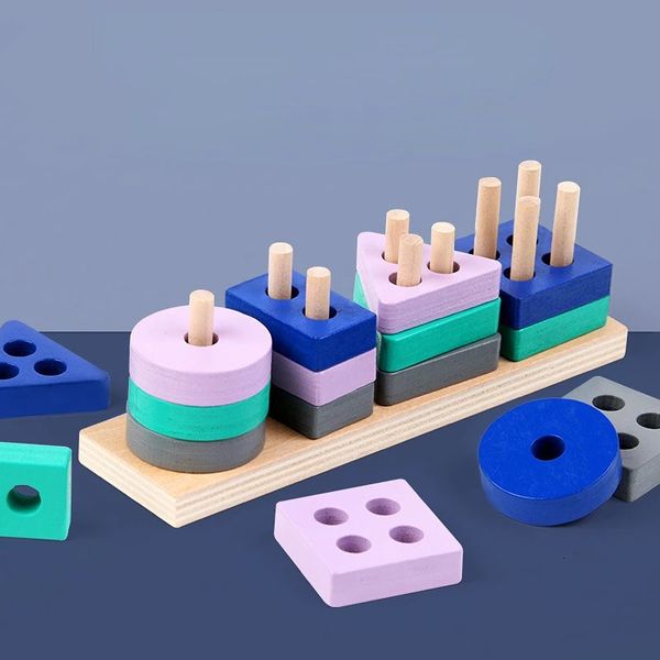 Mini Montessori Spielzeugholz Bausteine Bildungsspielzeug Macarone Farbform Match Puzzle Toys für Jungen Mädchen 240509