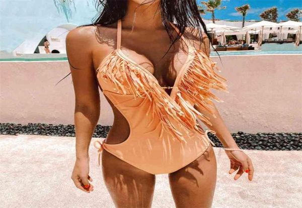 Merda profunda V Fringe de pescoço cortada Trikini Mulheres Sexy Halter Backless Tassel Tassel Takwear Banho Monokini 2107126570050