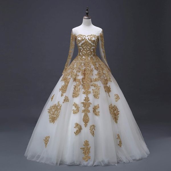 Arabische Gold Applikationen Ballkleid Brautkleider mit langen Ärmeln neue echte Fotos Prinzessin Dubai Hochzeitskleider Mitte 2982