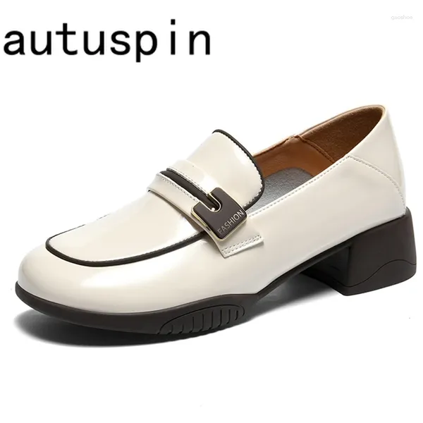 Kleiderschuhe Autuspin 4 cm dicke Heeled Women Sleaders Sommer echte Leder Ladies lässig arbeitete weibliche runde Zehen Oxfords Pumpen Frau