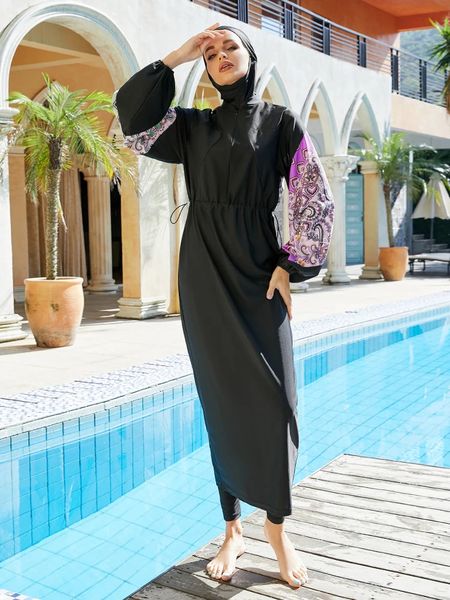 Женщины -мусульманские купальники Женщины с длинным рукавом купальник Исламский плавание Скромные одежды Простые купальники с хиджабом 240419