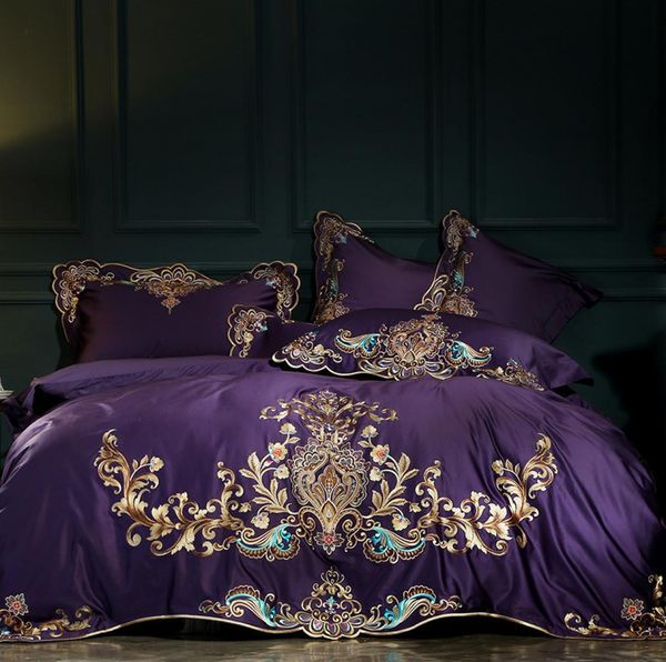 Purple Red Luxury Oriental Emlemprodery Egyptian Cotton Royal Set Set Set Queen King Size Size Bed Pedepet Sleas