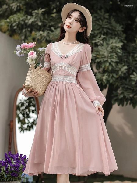 Lässige Kleider Retro Spitzenspleiß Blumen Chiffon Chic Kleid für Frauen V-Ausschnitt Laternenhülle Fairy Prinzessin Party Vestido Festa