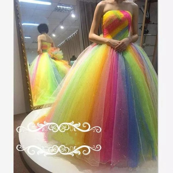 Regenbogen Organza Kristall Prom Kleider trägerloser Rückenless Blumenkugelkleid Abendkleider bodenlange Plusgröße formelles Kleid 341d