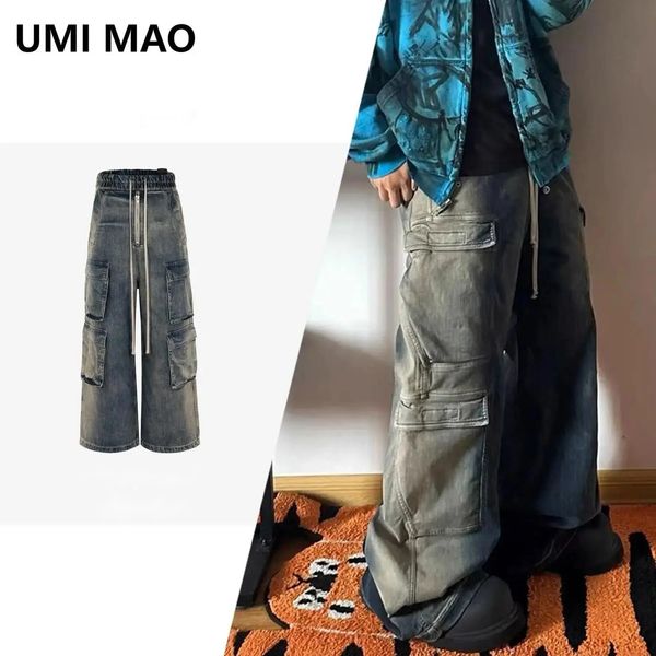 Umi MAO RO RO MENS ABBIGLIAMENTO DOMENA PANTANI UNISEX Urban Unisex Lavato con gamba larga Multi tascabile jeans Fashion 240510