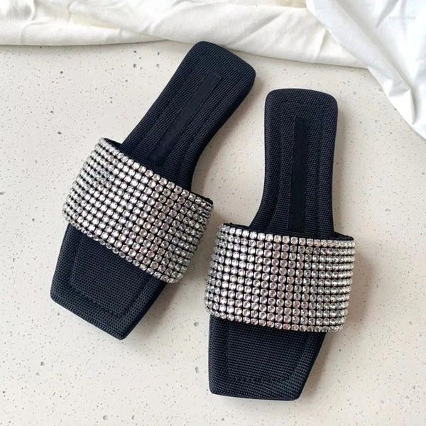 Slippers 2024 Marca de verão Black Women Slipper Fashion Bling Crystal Square Toe Casual Slide Casual Ladies Beach Sandal Flip Flip