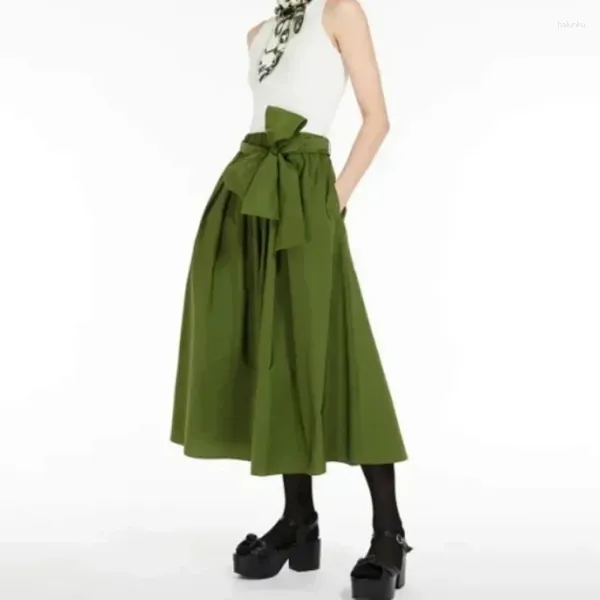 Юбки 2024 Ранняя осень зеленые твердые женщины Taffeta Big Bowbirt