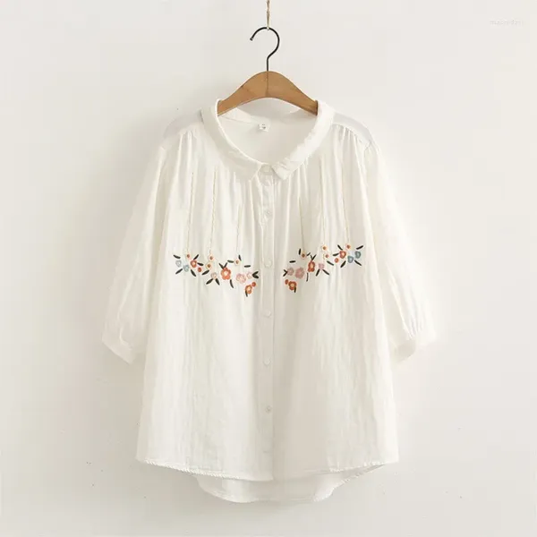Женские блузки летние женщины цветочная вышивка рубашка с коротким рукавом белая блоки хлопковая пряжа свободная женщина -топы мягкая женская одежда