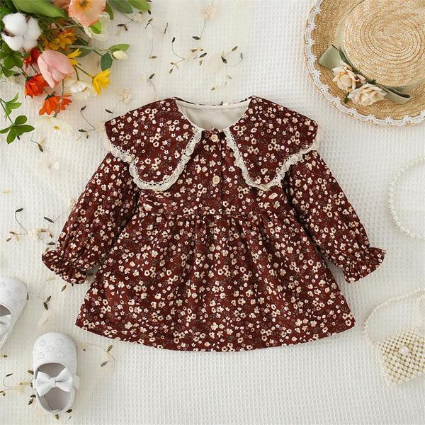 Vestidos de menina bebê sen sen com mangas longas vestido de mulheres primavera e renda de outono lapela pequena boneca de flores fragmentadas frescas