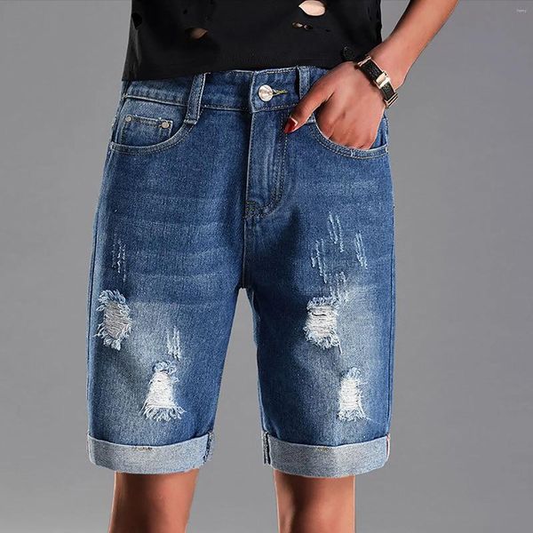 Shorts femminile Jean per donne ad alta vita Trendy Casual Stretchy Denim Denim Ripulato lungo