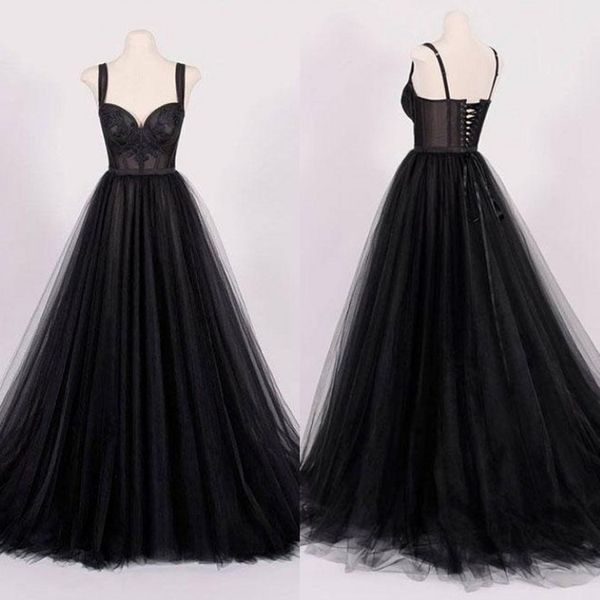 Amostra real de 2018 vestidos de noiva de tule preto vintage com apliques de renda Spaghetti Straps Lace para coração para trás vestidos de noiva EN1113 242p