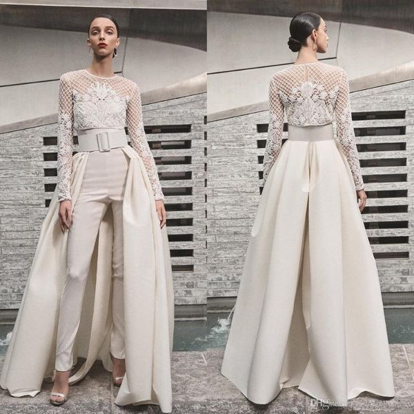 Eleganti abiti da sposa in spiaggia tute da spicco con gonna staccabile in raso sweep treno innamorato abiti da sposa country con giacca manica lunga 239d