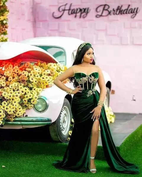 EMERALD Green African Prom Party Vestes Sexy Slit Slit Sweetheart Arabic Aso Ebi Velvet Plus Tamanho da noite Os vestidos de ocasião do uso BC14244