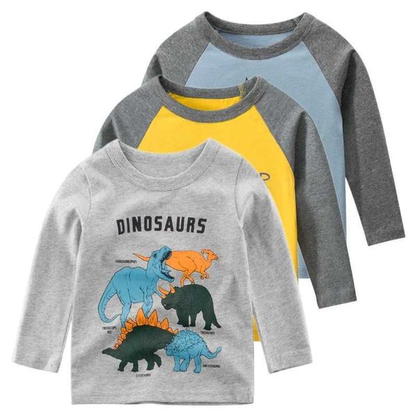 Camisetas outono algodão de algodão roupas de desenho animado dinossauros meninos e meninas de manga longa camiseta de meninos de 2 a 9 anos de idade, t-shirtl240509