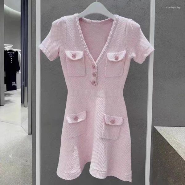 Lässige Kleider Frauen stricken kurz Ärmel rosa Kleid für Vintage V-Ausschnitt Vier Taschenlose Diamonds Knopf Mini Vestidos