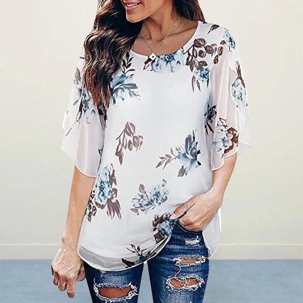 Blusas femininas elegantes para mulheres 2024 Summer Fashion Flower Flower Chiffon Blouse Top Top Casual Round Neck Manga curta