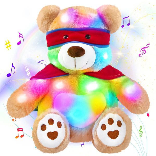 40 cm musikalischer Held Bären Puppe Luminous gefülltes Tierplüschspielzeug leuchtet leichte weiche Bären Umhang mit Spielzeug LED -Geschenk für Kinder Jungen Mädchen 240507