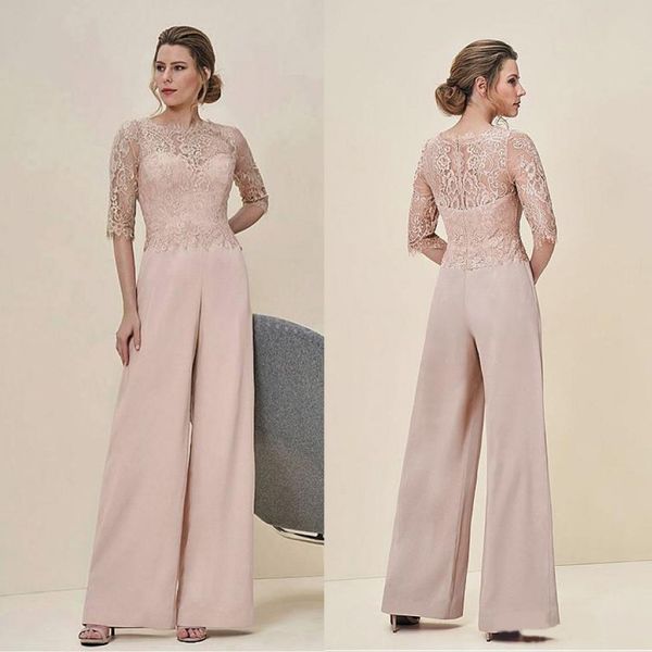 Salti in pizzo madre della sposa pantalone abiti bateau a mezze maniche abiti da sposa abito ospite chiffon plus size madri abiti da sposa 215y