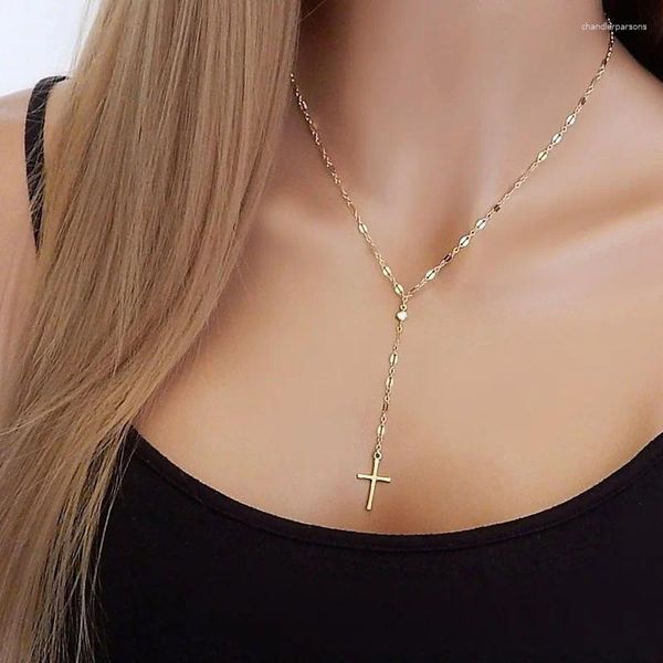 Colares pendentes Moda Moda Colar Cruz Colar Feminino Lariat Gold Color Long Chain For Women Jewelry Gift