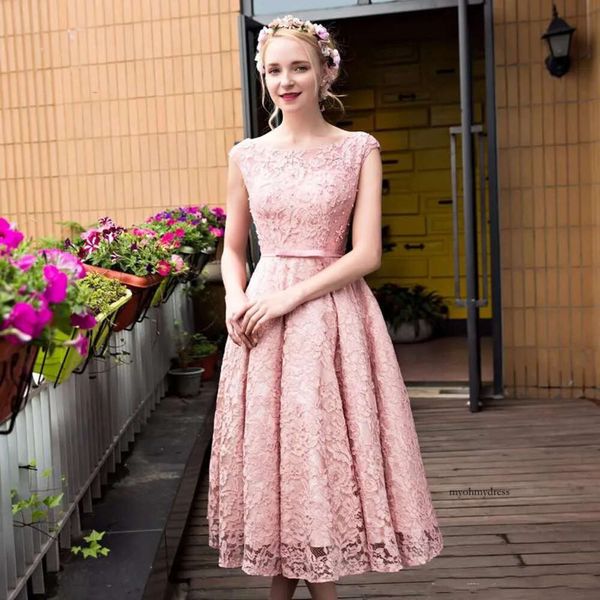 Vestidos de baile de renda curta de renda rosa, vestido de casca de casal de casos de rea