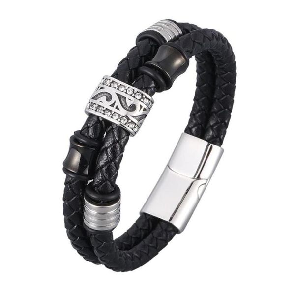 Braccialetti di fascino punk nero doppia vera vera pelle braccialetti intrecciati per uomo in acciaio inossidabile in acciaio maschio cintura di gioielli a mano sp07685034