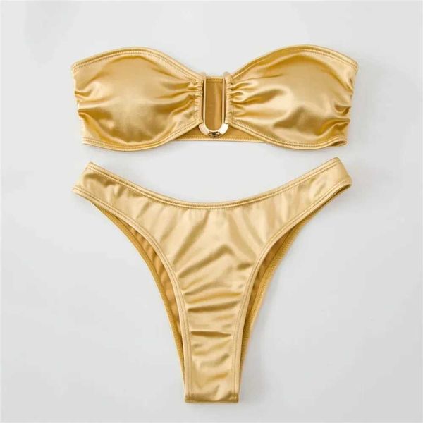 Menas de banho feminina Sexy Banduau de biquíni em forma de U Sexy Set Strapless Swimsuit Swimsuit Gold Brasil Brashini Swimsuit 2024 J240510