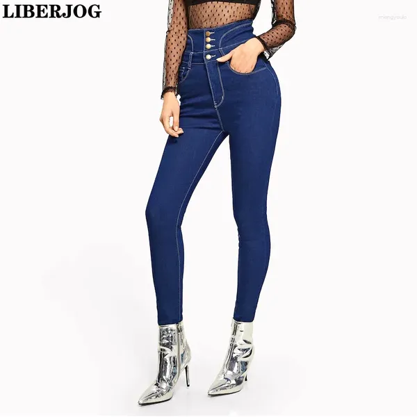 Jeans femininos Liberjog Women Blue Elastic High Row File Back Back Band Lace Up Denim Lápis Ponta fêmea Multi-Size Spring Autumn