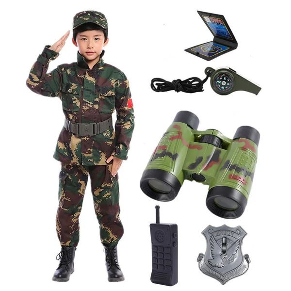 Costume da soldato per bambini per il costume dell'esercito per bambini costumi mimetizzati per boys jungle field sniper set con fischio con bussola a pistola 240510