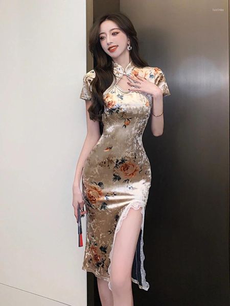 Vestidos de festa estilo chinês moda lady veludo estampa floral vestido lápis roupas femininas elegante sexy slit slit slit vestidos