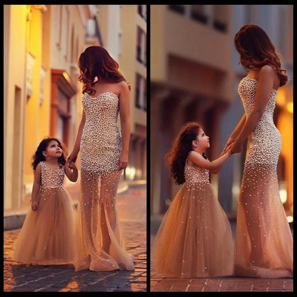 Mutter Tochter Matching Kleider Meerjungfrau Tüll Perlen Prom Party Kleid elegante lange formelle Kleider Abendkleider 3013