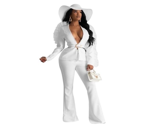 Echoine Black Women Suits Sheer Mesh Ruffle Sleeve Costume femme Duas peças Conjunto de gelo Worda de perna larga Pontas Blazer Set White2947204