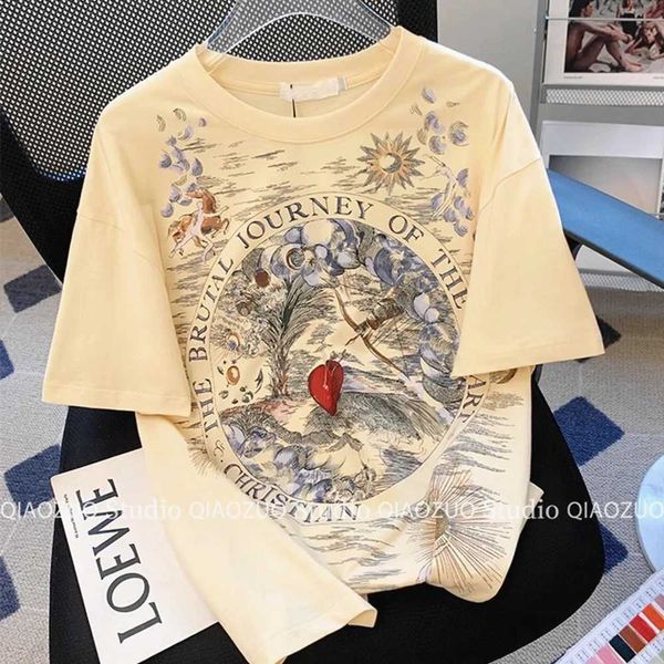 Damen T-Shirt American Luxus Vintage Art Painting Grafik T-Shirts High Strt Mode Frauen Brief Print T-Shirt O-Neck losen Baumwoll Sommer Y240509