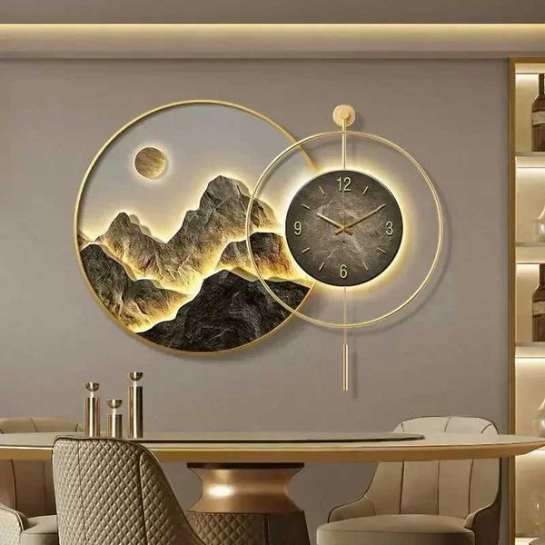 Wanduhren dekorative Malerei mit Uhr Rückenhänge High-End Wohnzimmer Landschaft Beleuchtung Luxus Wandbild Q240509