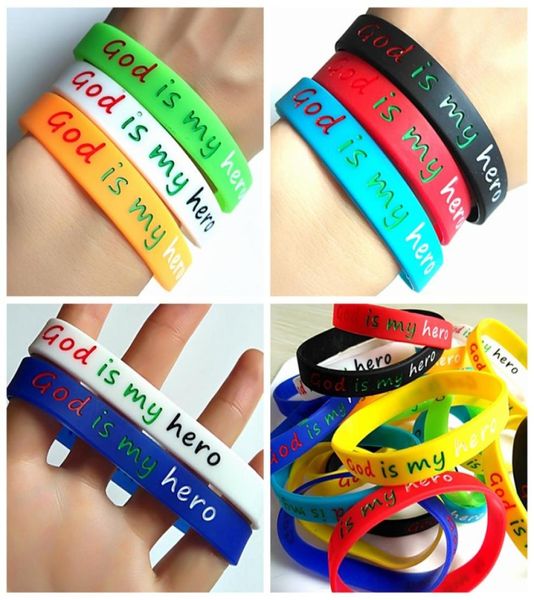 30pcs jóias religiosas Deus é meu herói flexível geléia colorida pulseira menino menina silicone pulseiras casais amante de punho presente birt7281019