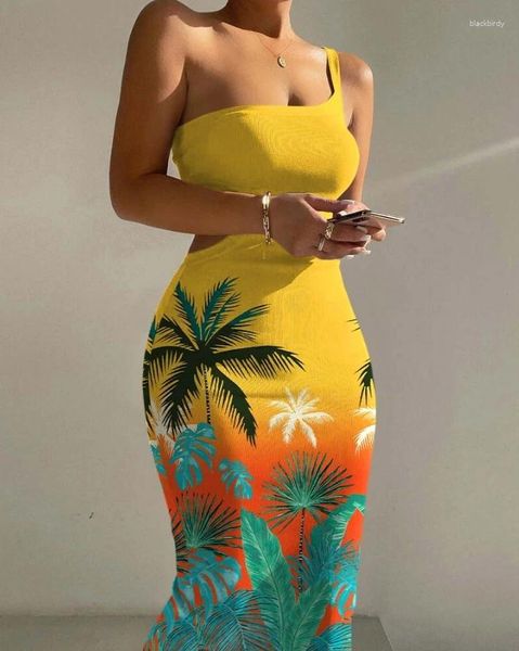 Vestidos casuais femininos 2024 Impressão de moda de verão de um ombro com cintura sem mangas Rospa com nervuras com nervuras de corpo