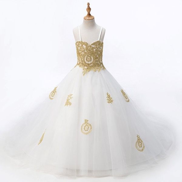 2022 Fashion White with Gold Lace Flower Girls Dresses Princess Designer per Wedding Kids Girls Tulle Ruched con spalline di spaghetti Chea 241W