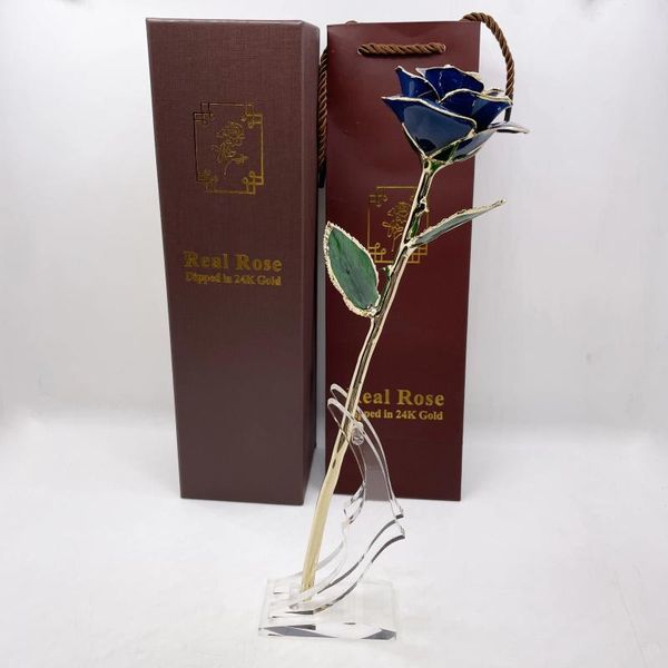 Fiori decorativi belli da 11 pollici vera rosa immersa 24k oro oro blu blu fiore di San Valentino regali regalo per amante
