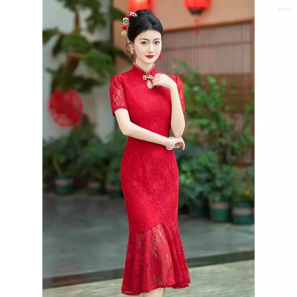 Этническая одежда Yourqipao Высококачественное длинное китайское стиль Cheongsam for Women 2024 Китайское свадебное платье Qipao платье рыбьего хвоста