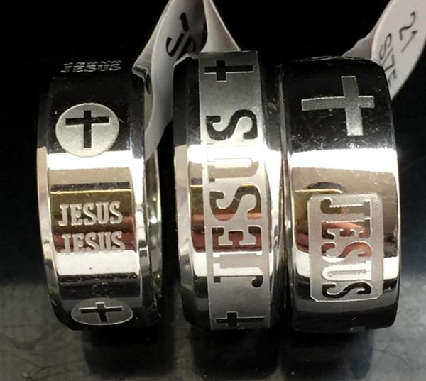 30pcs Mixed gravado Jesus Silver Rings Mens gravado a aço inoxidável de aço de alta qualidade de alta qualidade Fit Man Ring Jewelry2083040