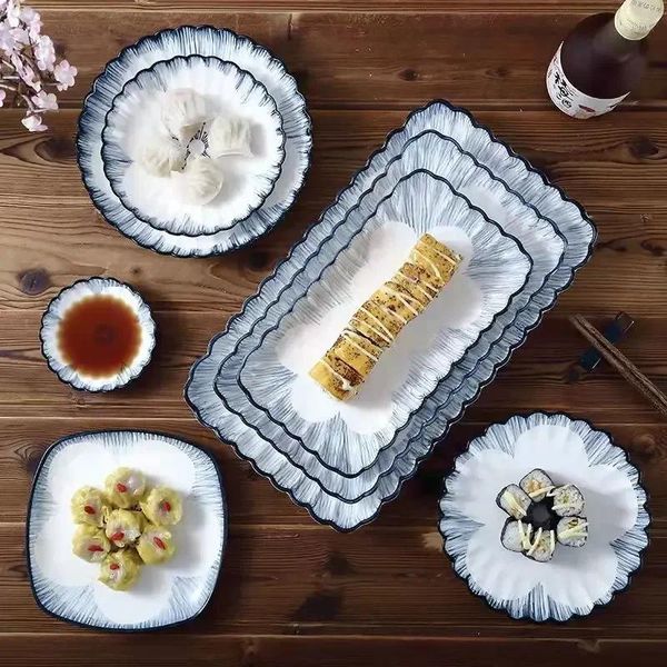 Тарелка хризантема тарелка керамическая чаша набор посуды для домашнего посуда голубое края завтрак десерт