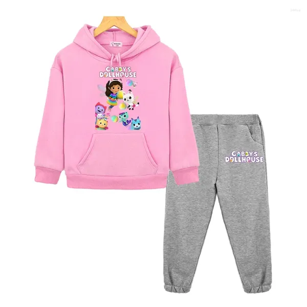 Giyim Setleri Erkek Kız Kapşonlu Gabby's Dollhouse Sonbahar Anime Hoodie 2pcs Üst Pantolon Baskı Ceket Polar Sweatshirt Çocuk Butik Giysileri
