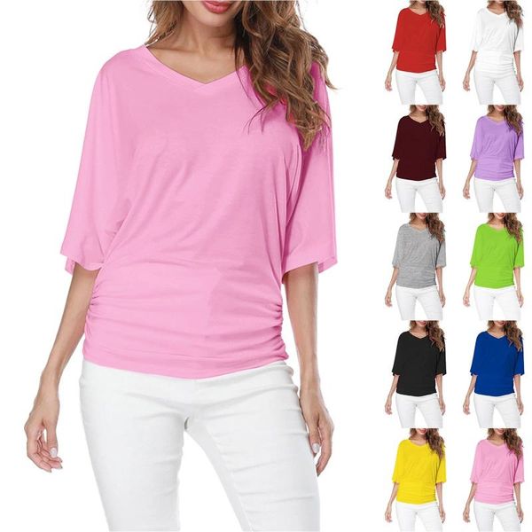 Damen T -Shirts und Blusen plus Top v Hals Ärmel Batwing Lose Hemd Modegröße Falten Saum Frauen Feste Tops Camisetas Mujer