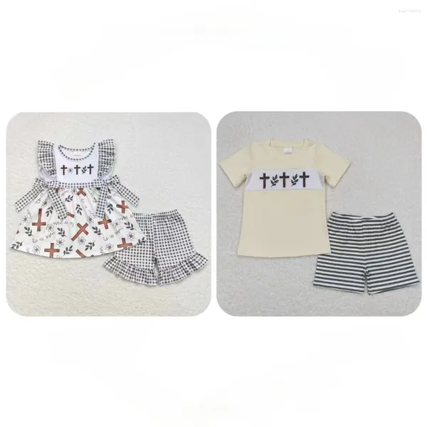 Casos conjuntos de roupas para criança por atacado Conjunto de páscoa infantil Cruzes tops shorts boutique infantil roupas de primavera combinando menino menina