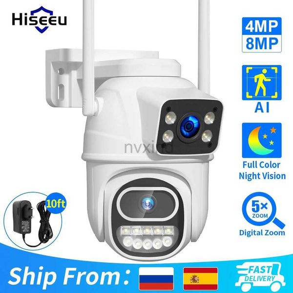 IP -камеры Hiseeu 4K 8MP PTZ Wi -Fi Camera Dual Lins Dual -Exan IP -камера на открытом воздухе Автоматическое отслеживание защиты безопасности камера управления видеонаблюдения D240510