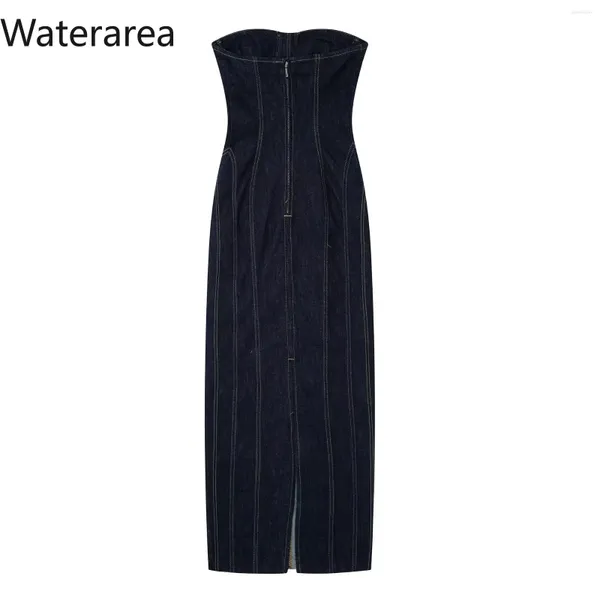 Lässige Kleider Waterarea 2024 Spring Mody Women trägerloser Blau Jean Bodycon Midi Maxi Long Street Retro Sexy Party Club Kleid